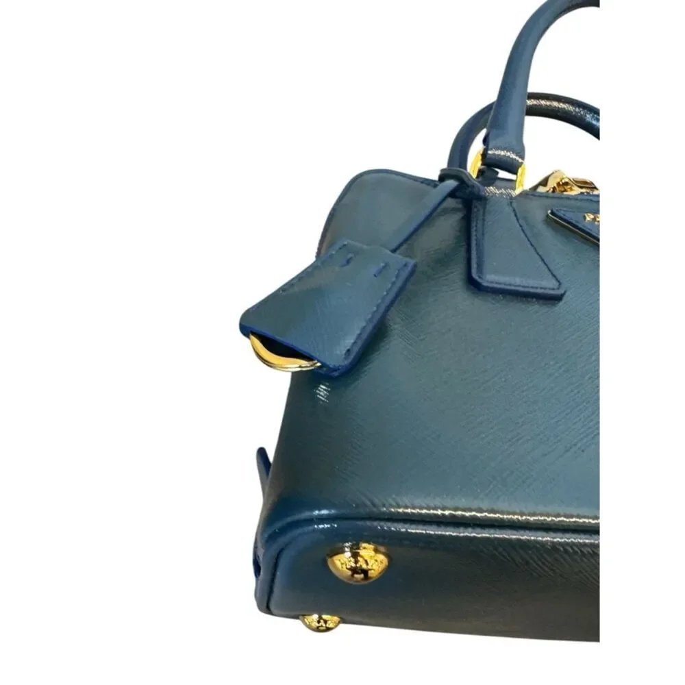 Prada Azzuro Saffiano Vernice Leather Bowler Double-Top Handle Lux Promenade Bag